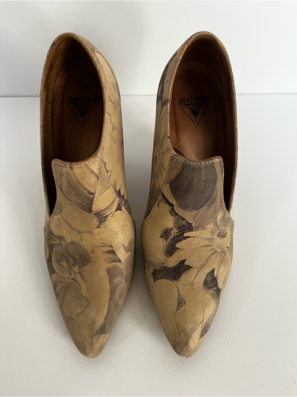 John Fluevog Tan Floral Pointed Slip-On Heels